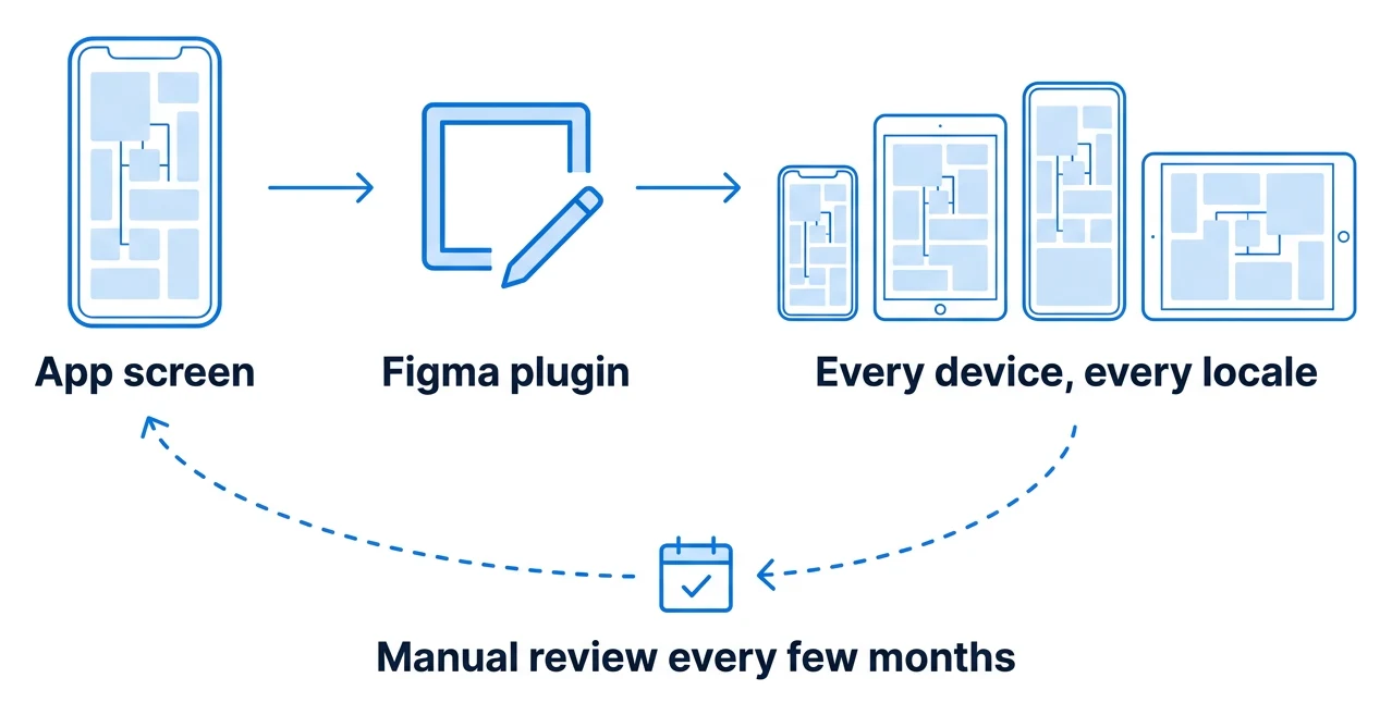 An app screen goes through our Figma plugin to every device and every locale, with a manual review every few months.